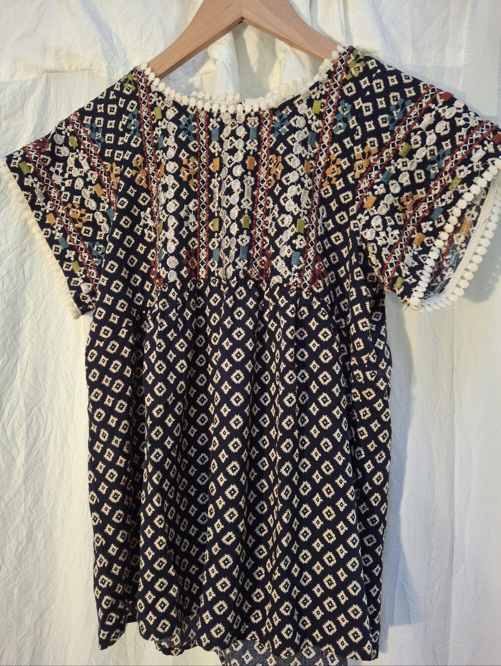 THML Boho Embroidered Navy Diamond Print Women's Top